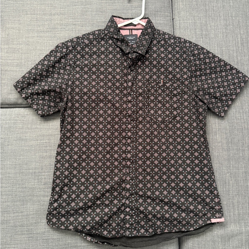 Casual Black and Pink Button Down Shirt with Geometric Pattern